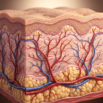 Human skin cross section with hydration droplets and layered structure