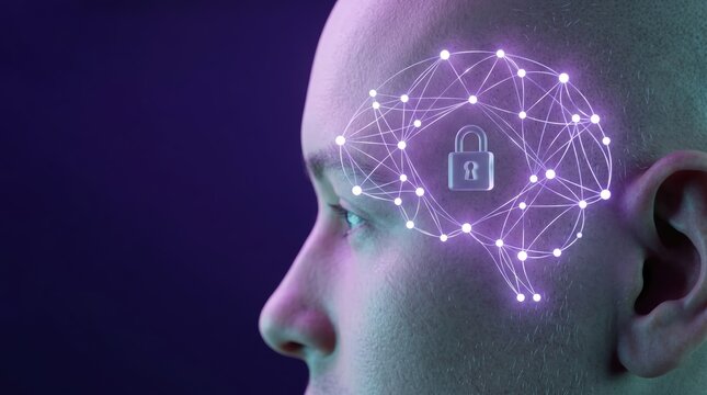 A human temple with neural network padlock and DNA glow for cybersecurity and data protection technology