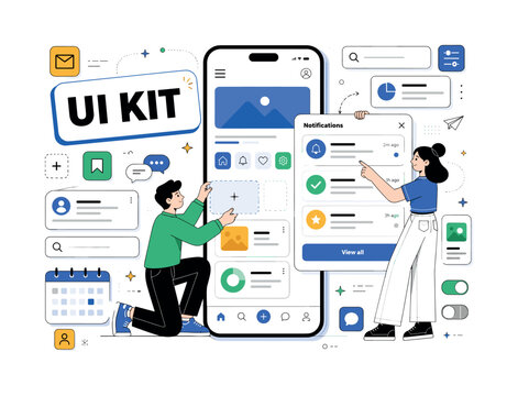 Essential Interface Icon Kit. A clean editorial banner about UI and UX interface symbols, with 2 geometric characters sorting an oversized mobile screen and a large notification panel across the full