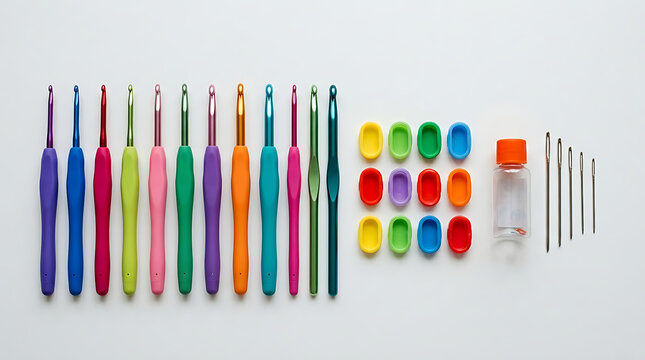 Crochet hooks set with stitch markers and sewing needles isolated on white background