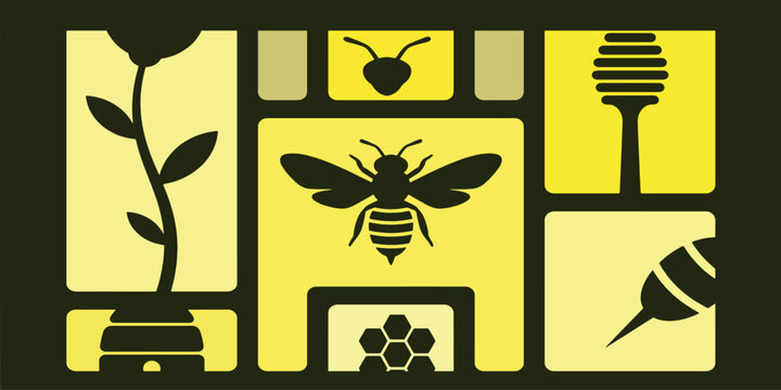 Abstract illustration of bees, honeycomb, and related beekeeping elements.