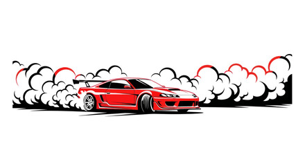 Red sports car drifting, creating smoke clouds, action, speed, motion graphics © Maesa