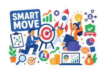 Fototapeta premium Strategy Launch Vision Dynamic business strategy banner with two expressive stylized human characters interacting with oversized target board, rocket launch, and idea bulb, small supporting elements