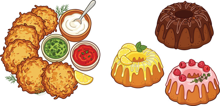 Set of potato latkes with dipping sauces and variety of sweet bundt cakes for festive dinner and dessert menu