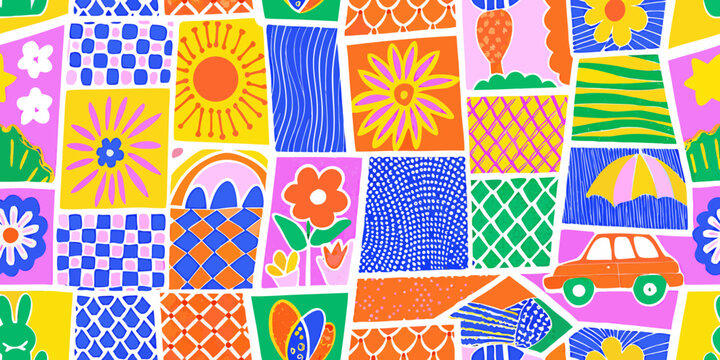 Colorful patchwork pattern with flowers sun and geometric shapes
