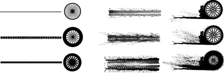 Obraz premium Vector set of various tire tracks, wheel prints, and grunge ink splatters on white background