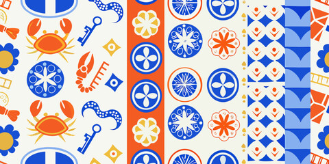 Seamless pattern with crabs flowers and geometric shapes © Sukla