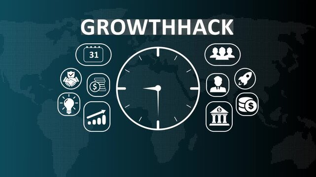 Modern Growthhack business scaling and rapid expansion strategy concept animation featuring digital icons for innovative marketing tactics and fast customer acquisition dashboard.