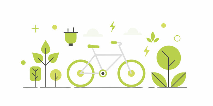 Electric bicycle illustration with green foliage and energy symbols