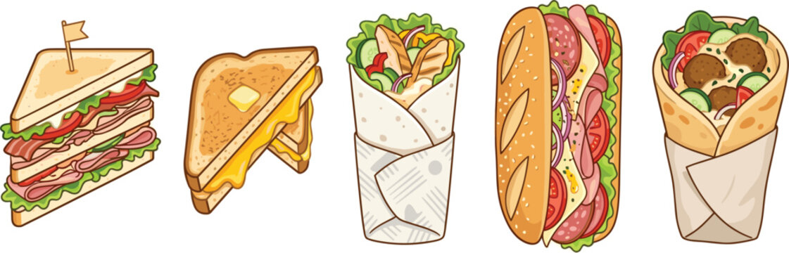 Set of fresh sandwiches and wraps including club sandwich grilled cheese chicken wrap long sub and falafel pita