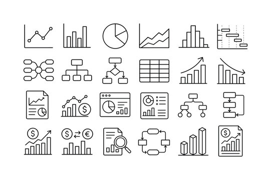 Analytics Chart Reports. Line icon set of charts and data analytics: line chart, bar chart, pie chart, area graph, histogram, gantt diagram, mind map, org chart, flowchart, data table, upward trend