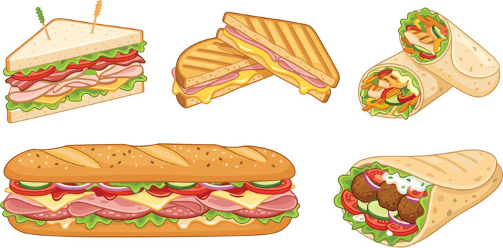 Set of fresh sandwiches and wraps including club sandwich panini chicken wrap long sub and falafel pita