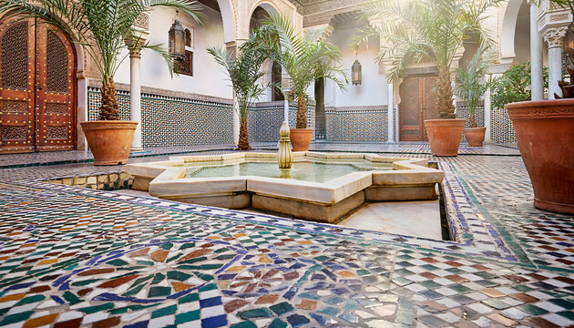 Beautiful traditional Moroccan riad courtyard interior with star fountain