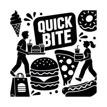 Fast Food Snacks. Clean solid/filled banner composition of fast food snacks scene: 2 people carrying meals beside an oversized burger and oversized pizza slice, with small cola cup, hot dog, donut,