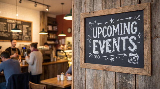 Chalkboard sign displaying upcoming events with a calendar icon, inviting people to communal activities inside a coffee shop