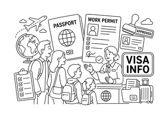 Fototapeta premium Visa Immigration Documents. Clean outline banner scene of passport and immigration paperwork: traveler with family presenting oversized passport and work permit form as main objects, small airplane,