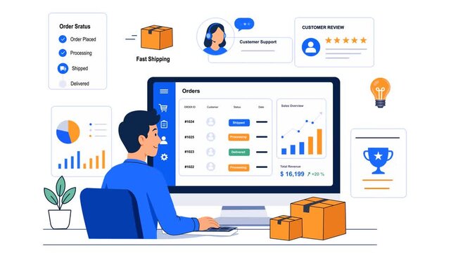 Businessman Working on Ecommerce Order Management Dashboard Flat Design Animation. Digital Commerce, Customer Service, Warehouse Operations, Sales Monitoring, Creative Business Workflow. 