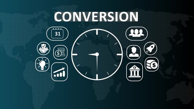 Digital marketing Conversion rate optimization concept video showing icons for customer acquisition success, sales funnel results, and automated online lead transformation interface.