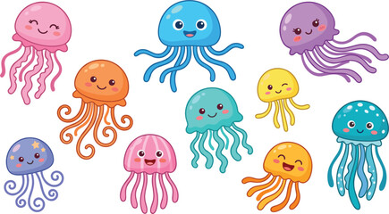 Collection of cute cartoon jellyfish characters in various colors for children underwater ocean education and nursery decor © Afsana