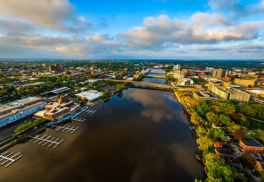 Aerial Morning View of Rockford and Rock River