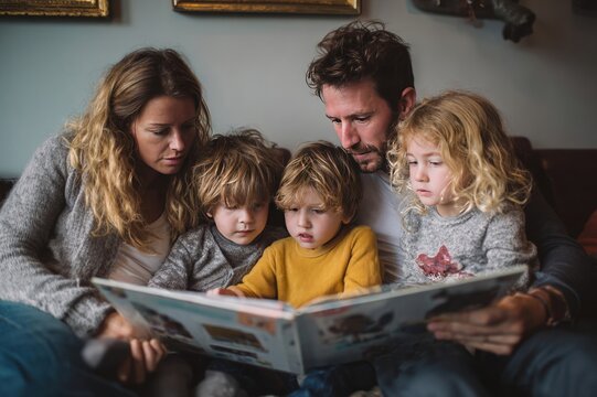 A blended family (step-parents and step-siblings) looking at a photo album together for the first time, curious and bonding moment