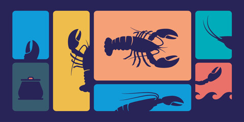 Colorful illustration of lobsters and crabs in various poses, showcasing marine life and seafood concepts. © Riki