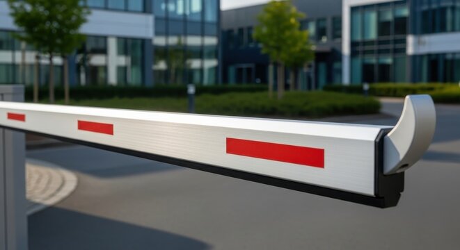 Sleek brushed aluminum barrier arm with red reflective stripes, modern access control system for businesses and parking facilities