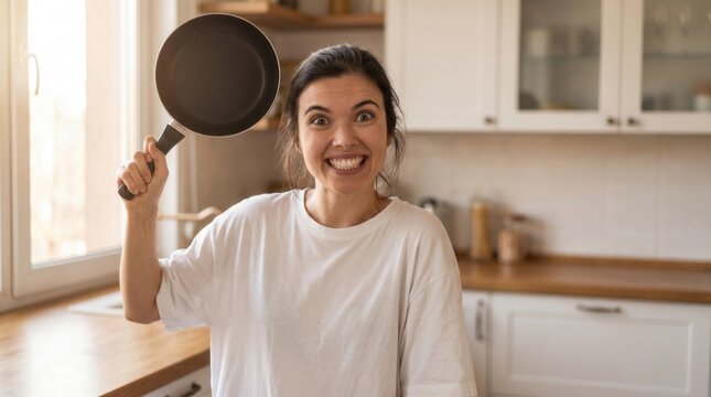 Woman expressing humor and agitation in kitchen, holding up a frying pan