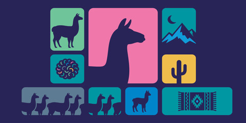 Fototapeta premium Colorful Llama and South American Culture Icons Vector Illustration.