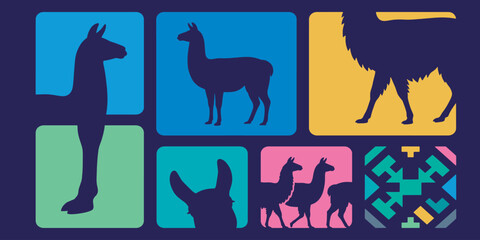 Fototapeta premium Colorful Llama Silhouettes in Geometric Blocks on a Dark Background.