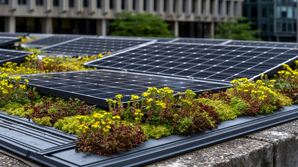 Fototapeta premium Rooftop solar and green roof combination on brutalist concrete office building, sedum planted between panel rows creating textured patchwork, urban bees visible on flowering plants, perfect for gree