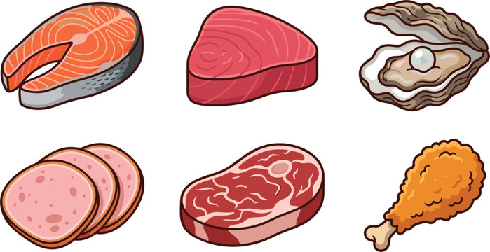 Collection of fresh meat and seafood icons including salmon steak tuna oyster ham beef and fried chicken leg