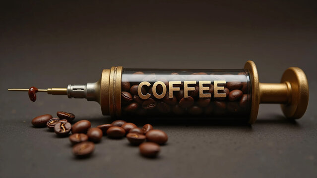 Conceptual Coffee Syringe filled with Roasted Beans - Caffeine Addiction and Morning Energy Boost Metaphor