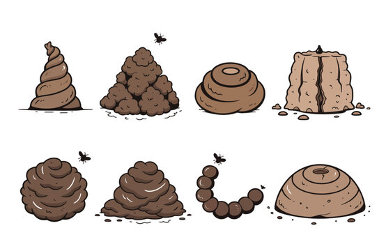 Cartoon shit Poop Pile Icons and Illustrations Showing Different Feces Shapes and Smelly Piles
