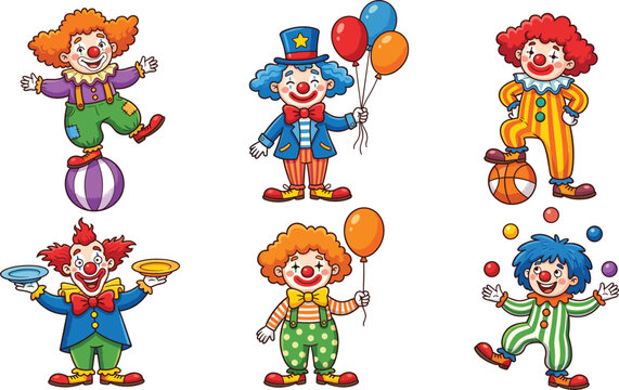 Funny Circus Clown Cartoon Character Collection with Balloons Juggling and Colorful Carnival Costumes Vector Illustration Set