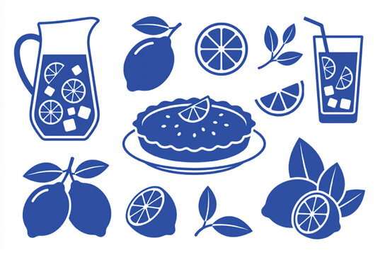 Blue lemon illustration set with citrus fruit icons, lemonade pitcher and tart dessert. Minimalist Mediterranean style vector graphics for kitchen decor.