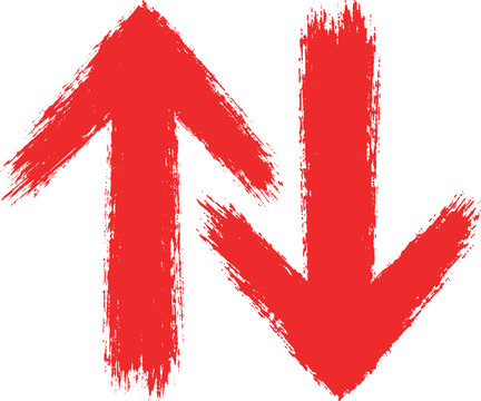 Red brush arrows up and down, painted direction symbols, bold arrow vector isolated