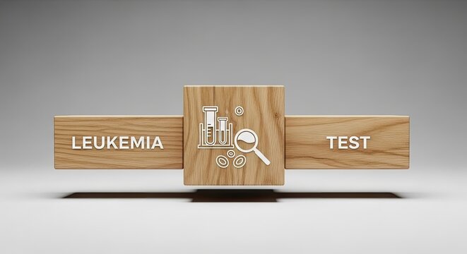 Wooden blocks with leukemia test and medical icons on a grey background for health and medical concepts