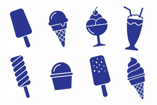 Minimalist blue ice cream icon set, 8 frozen dessert vector silhouettes, flat summer treat illustrations for restaurant menus and food apps