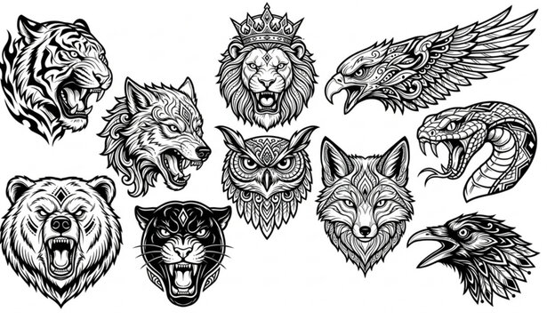 Neo traditional tattoo animal head SVG collection with bold monochrome vector illustrations