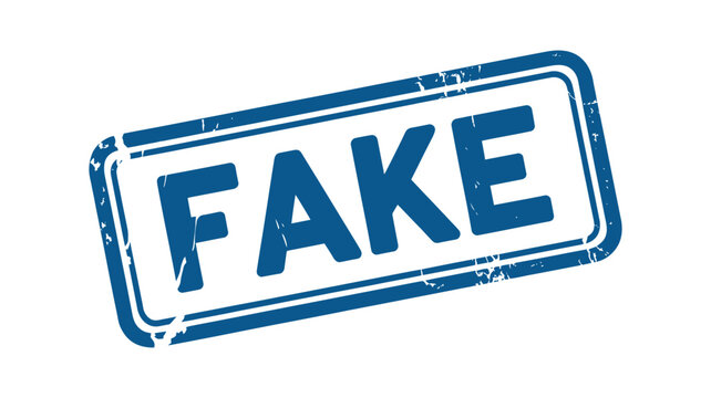 Blue distressed rubber stamp with word fake printed across it against transparent background.