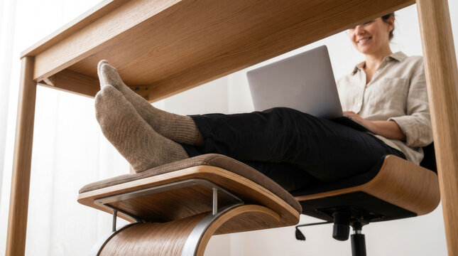 Young woman smiling while working on laptop at modern desk  