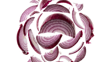 Obraz premium Floating red onion layers isolated on ultra realistic cut out isolated on white background PNG. AI GENERATED.