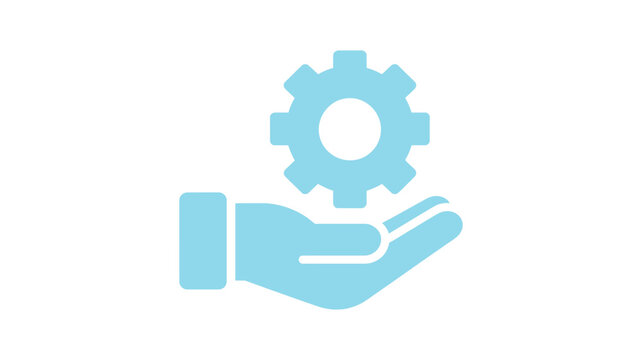 Light blue icon of a hand holding a gear symbol representing industry or technology support.