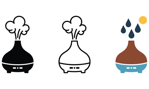 Essential oil diffuser with steam and water drops vector icon set