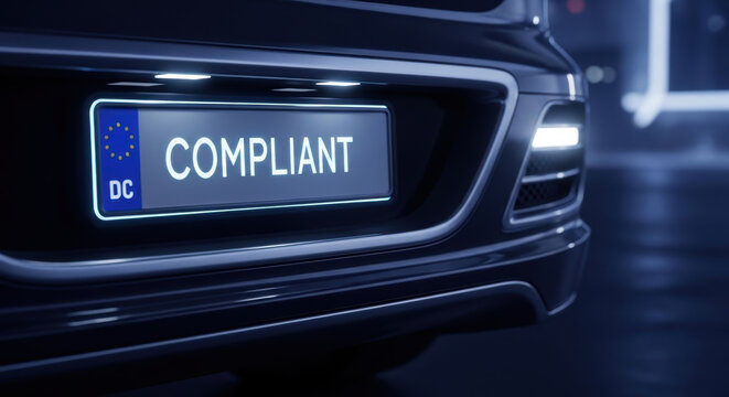 Autonomous vehicles regulation compliant license plate on car front close up in dark environment showing technology and safety