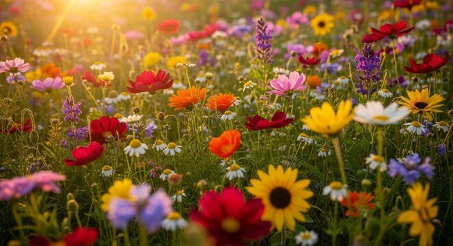 Beautiful Vibrant Wildflower Meadow Under Golden Morning Sunlight