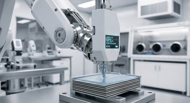 Industrial robotic arm 3d printing high performance composite materials in advanced manufacturing workshop lab.