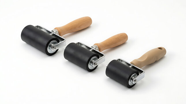 Three rubber brayer rollers for printmaking and crafting isolated on white background
