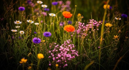 Obraz premium Beautiful Wildflower Meadow with Colorful Blooms in Natural Sunlight